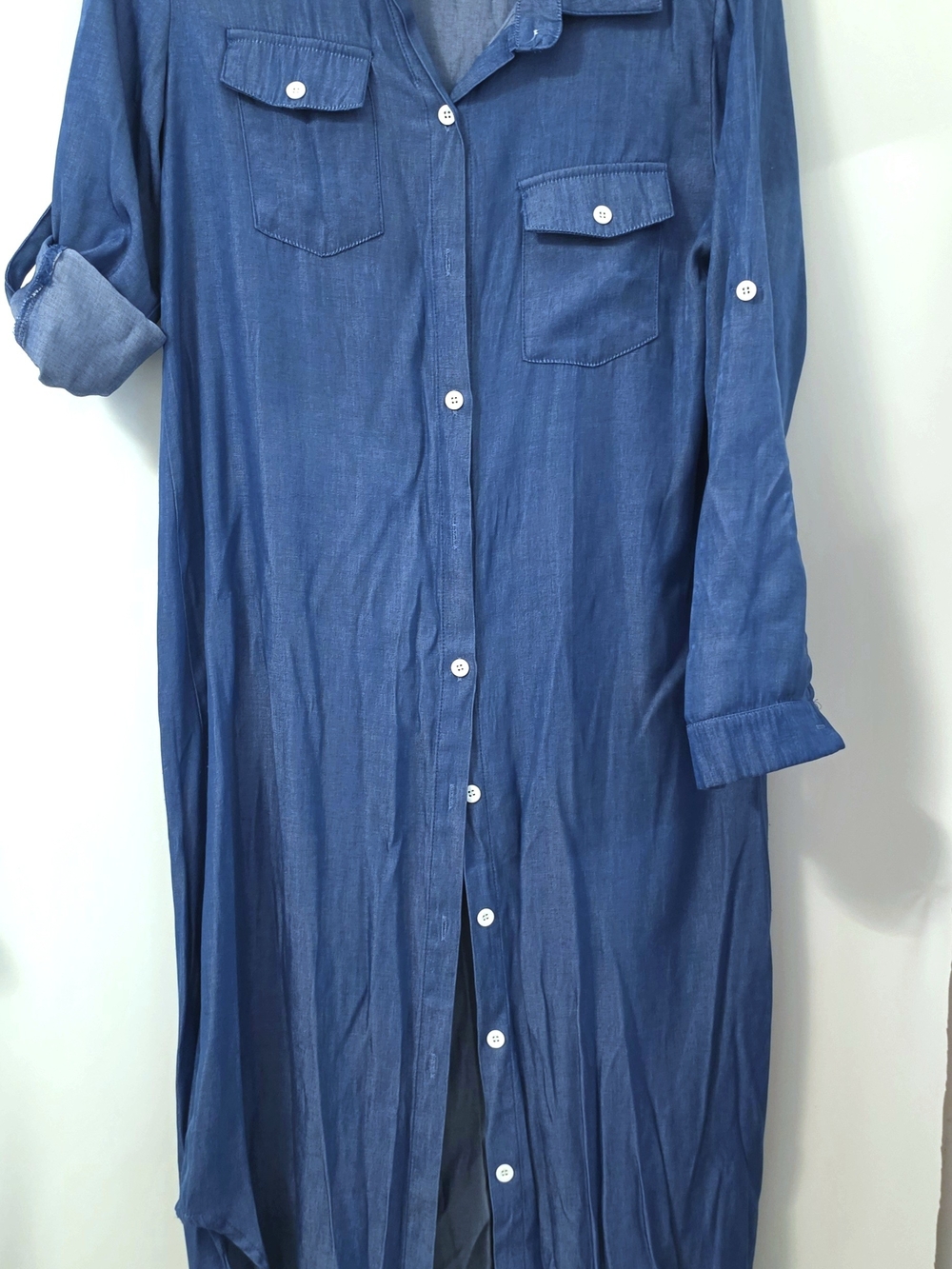 Blue Button-Front Long Shirt - Classic Casual